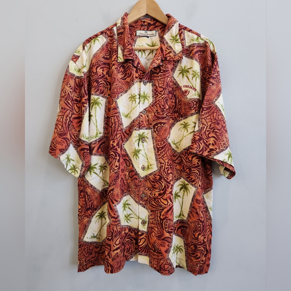 Tommy Bahama Hawaiian Silk Shirt Palm Tree Paisley USC TROJANS Men's Size XL